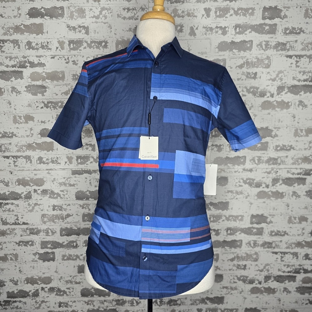 NWT Calvin Klein Shirt Mens Small Slim Fit Blue Colorblock 100% Cotton Casual